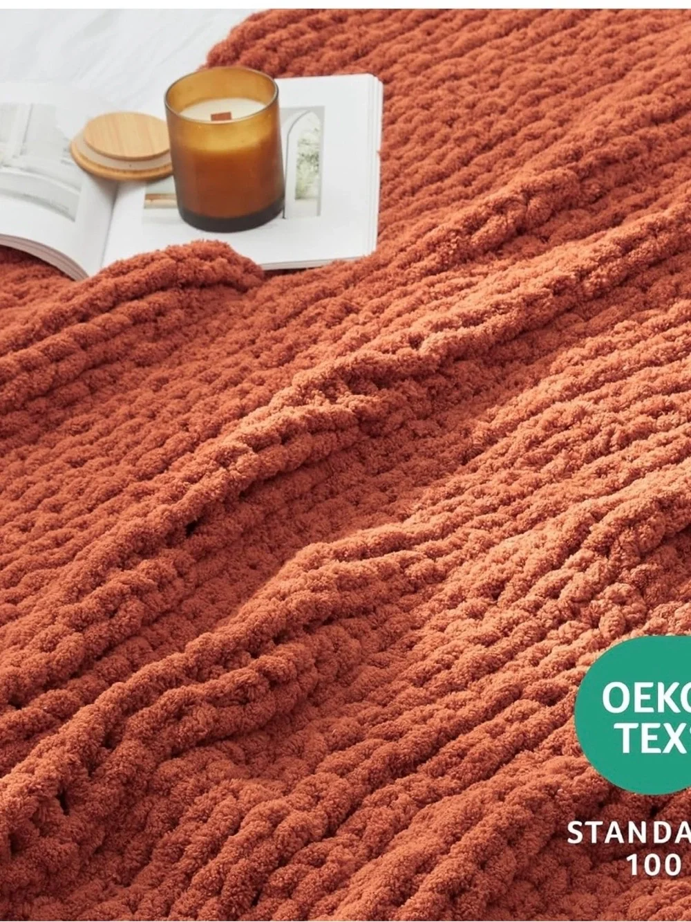 Chunky Knit Chenille Crochet Throw Blanket - Rust Orange